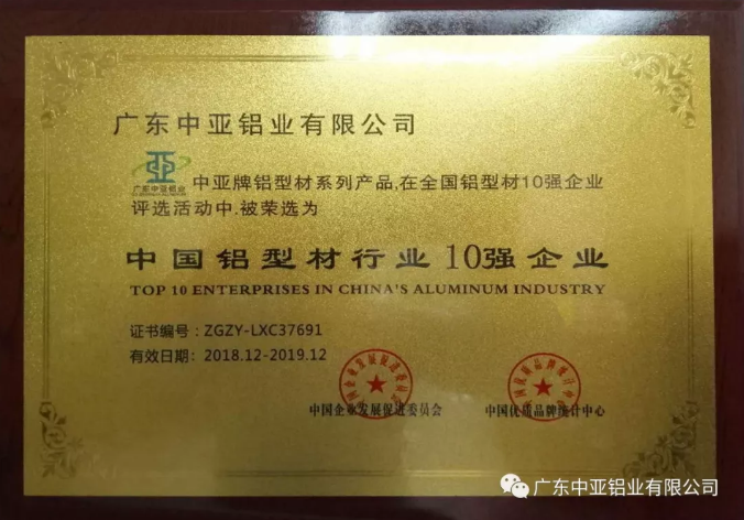 為“中國制造2025”加把勁！中亞鋁業榮獲“中國鋁型材行業10強企業”稱號(圖1)